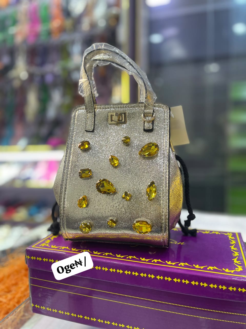 Elegant Textured Satchel with Jewel Accents and Top Handle - Image 3