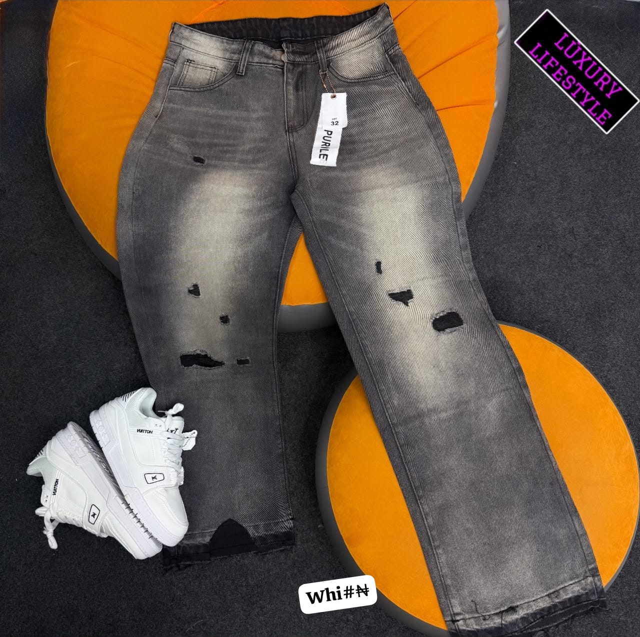 Sun-Faded Wash Grey Streetwear Pants with Deconstructed Rips