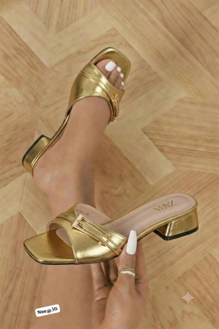 Zara Style Premium Metallic Gold Low-Heel Sandals - Image 3