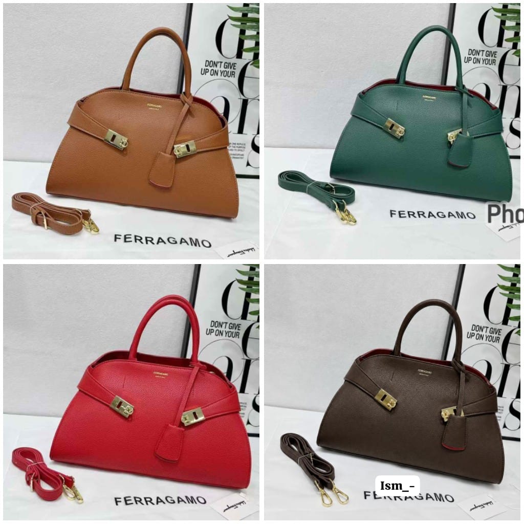 Ferragamo Style Premium Grained Leather Trapeze Tote - Image 2