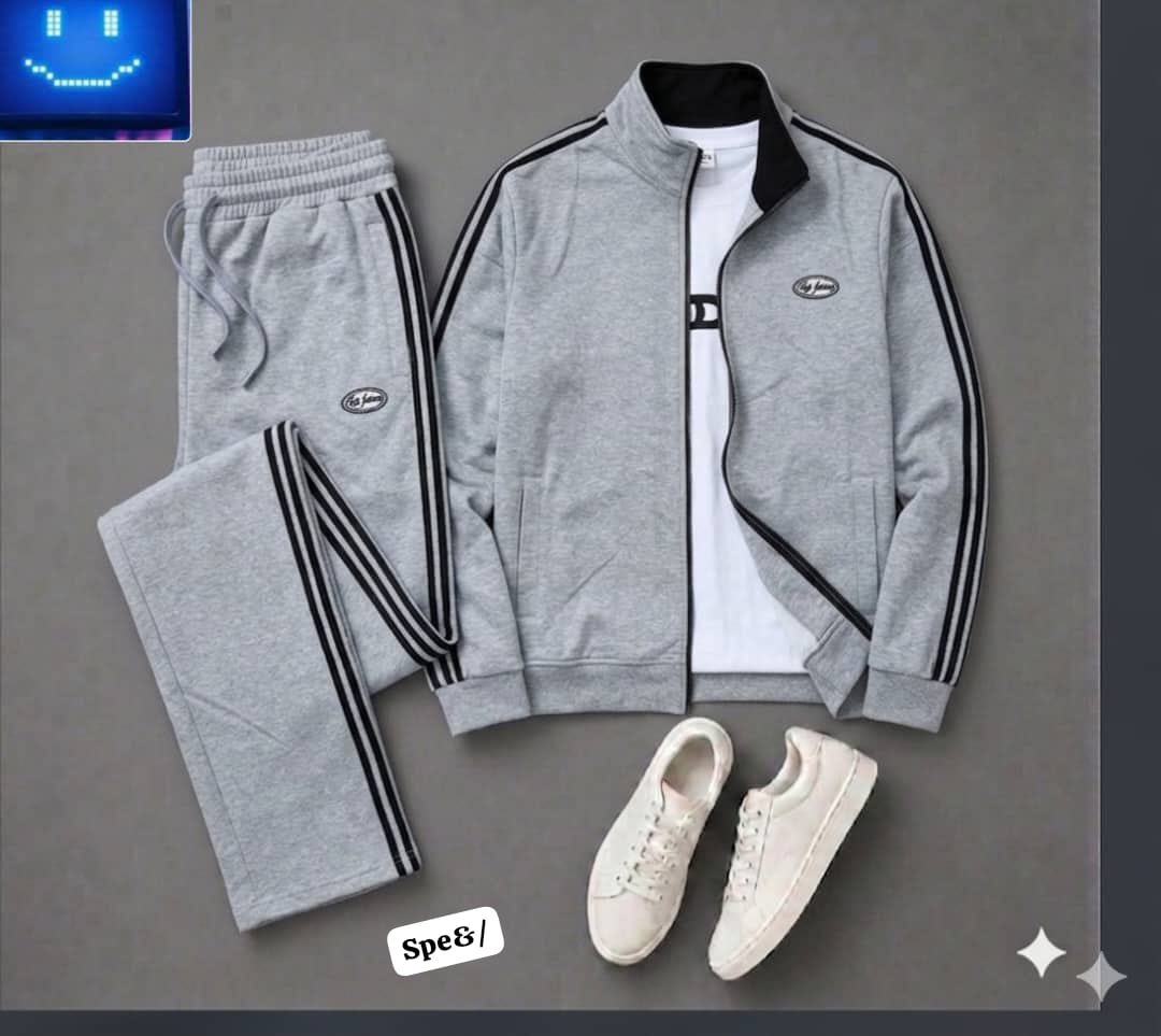 Premium Classic Side-Stripe Tracksuit Set – Gray Zip-Up Jacket and Drawstring Joggers Combo