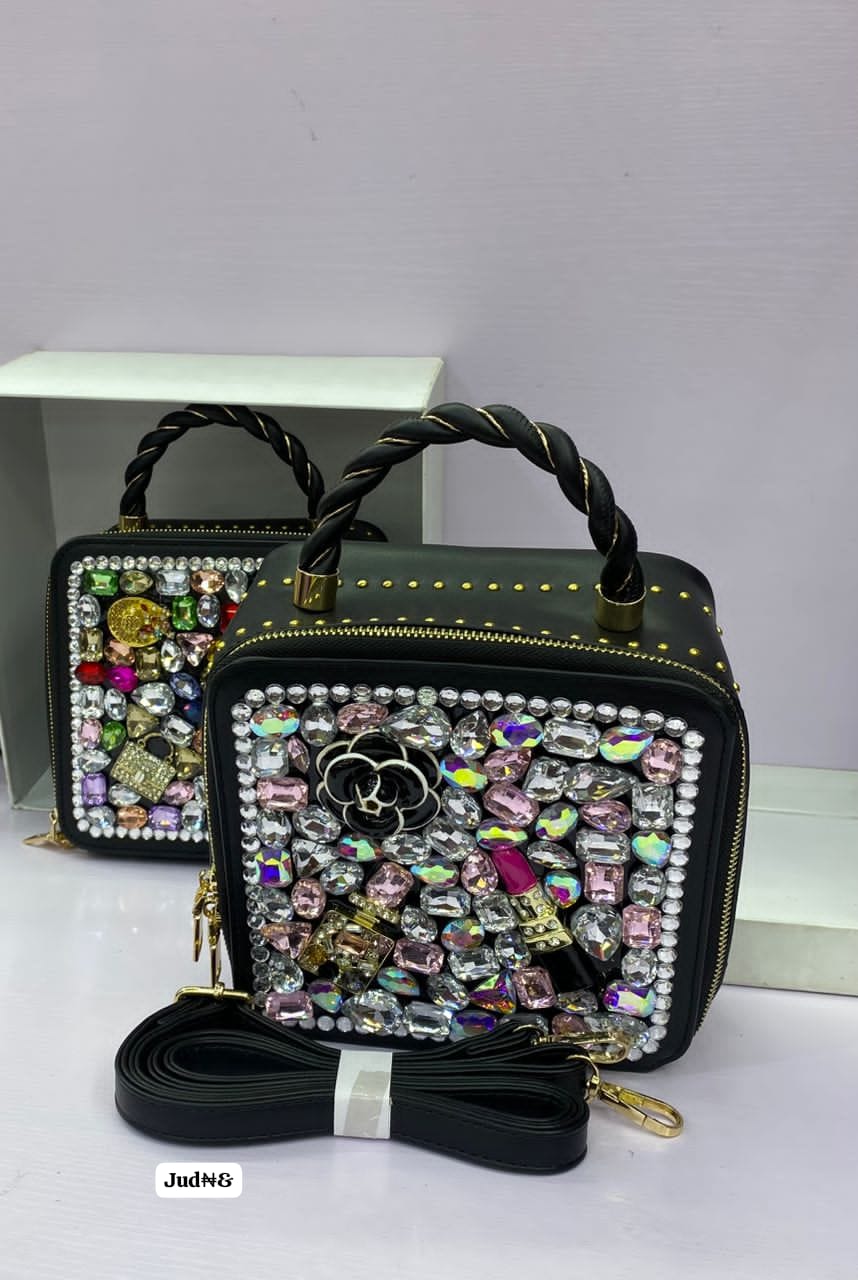 Luxury Black Leather-Look Top-Handle Case with Crystal Mosaic & Novelty Charms