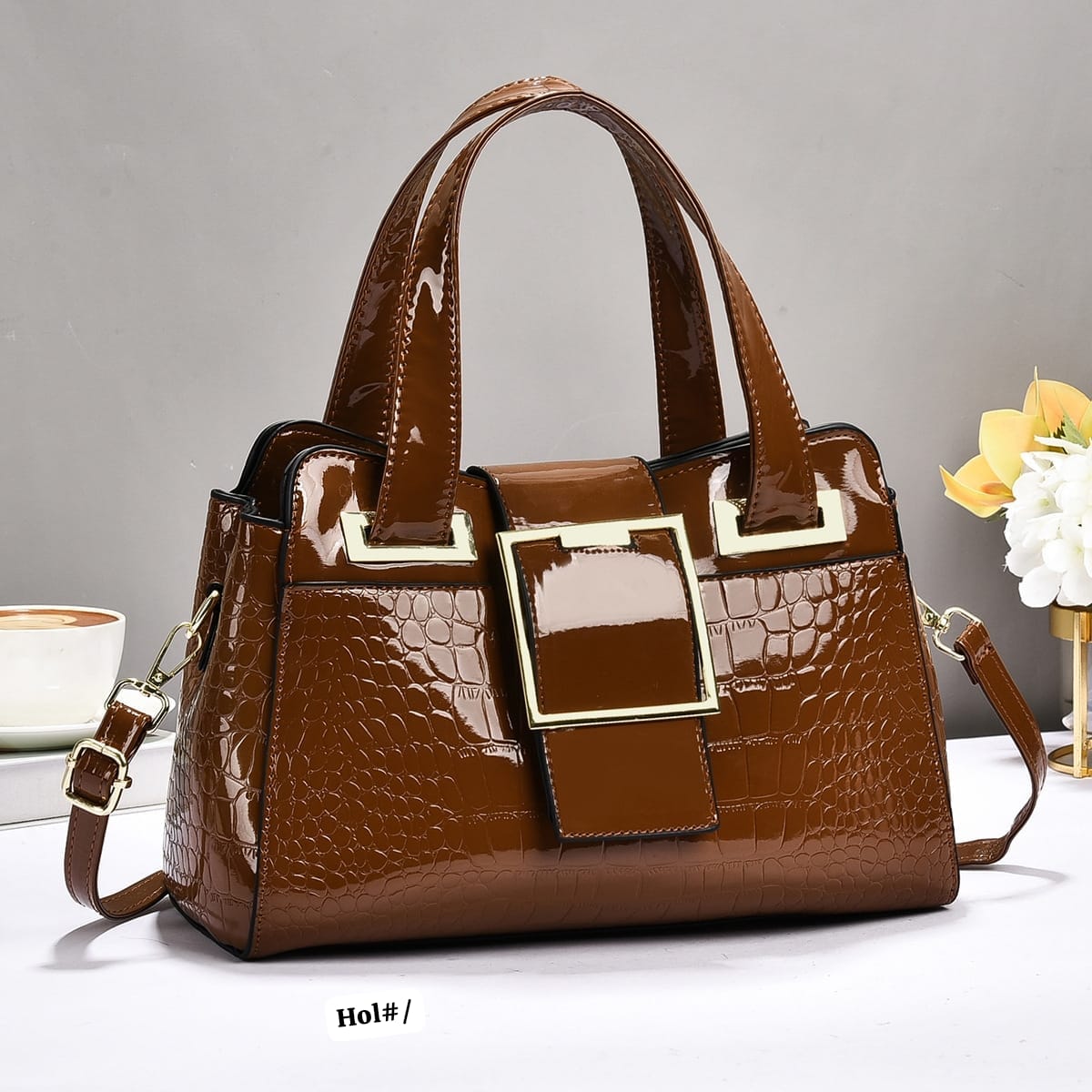 Premium Women’s Patent Croc-Embossed Top-Handle Satchel - Image 3