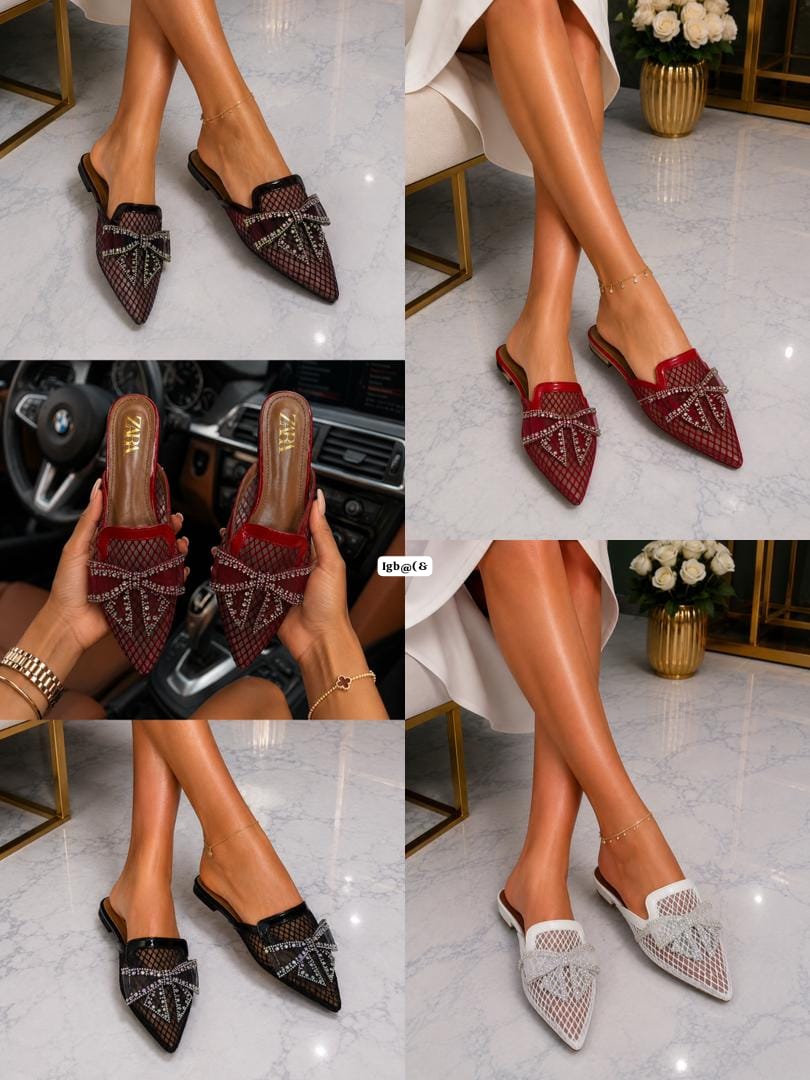 ZARA Premium Women’s Rhinestone Bow Mesh Mules