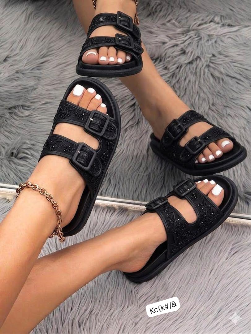 Premium Women’s All-Black Double-Strap Embellished Slides
