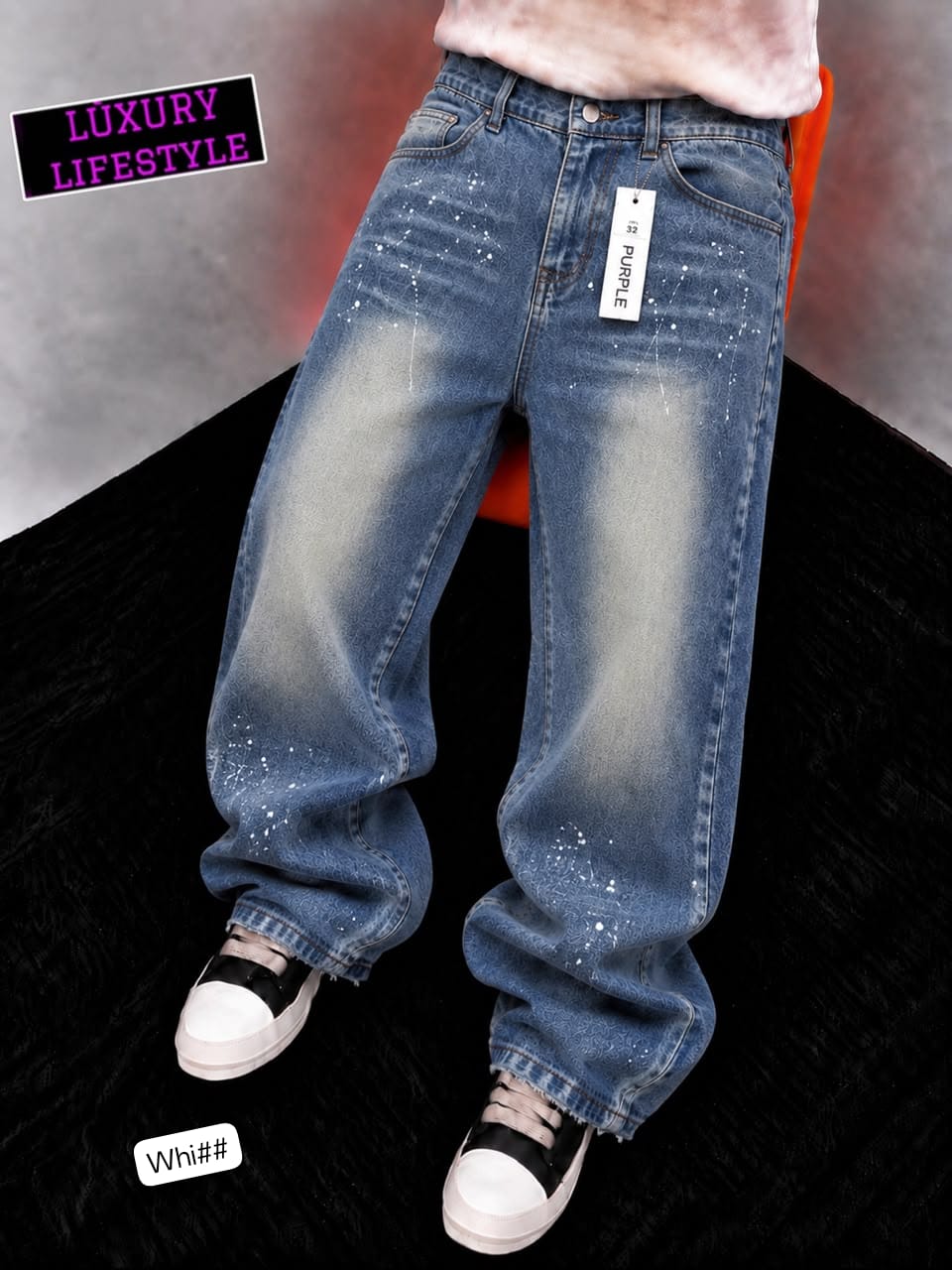 Premium Vintage Wash Paint-Splatter Wide-Leg Jeans