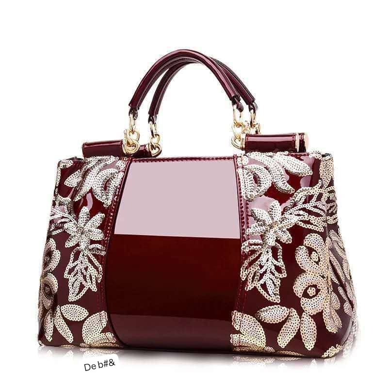 Premium Floral-Sequined Patent Leather Satchel - Image 3