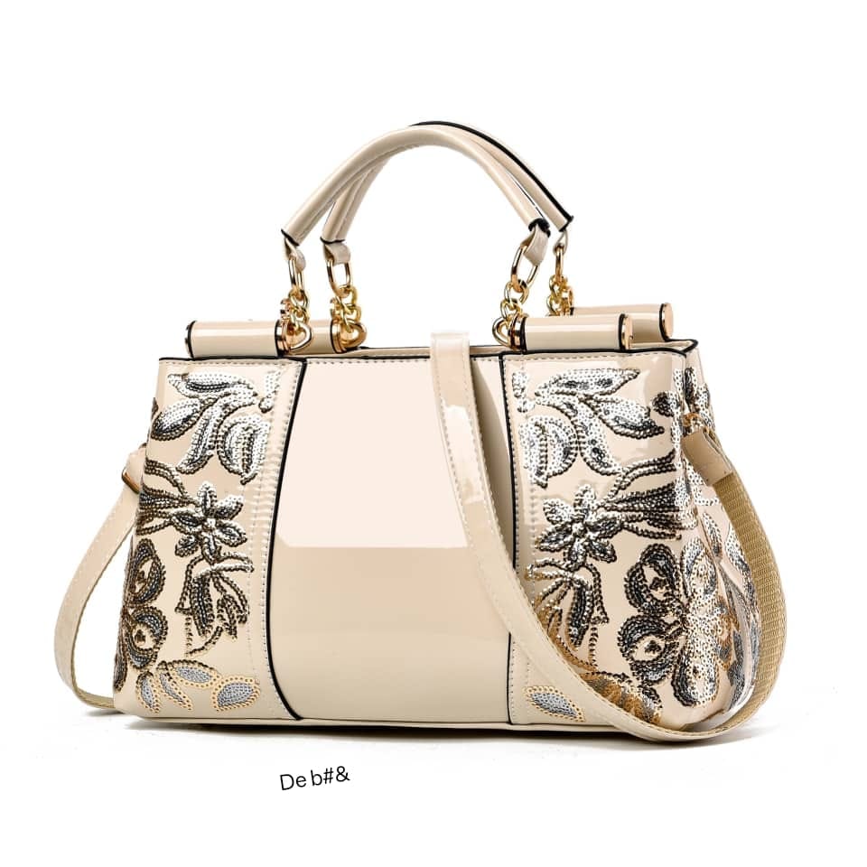 Premium Floral-Sequined Patent Leather Satchel - Image 2