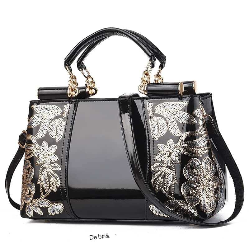 Premium Floral-Sequined Patent Leather Satchel