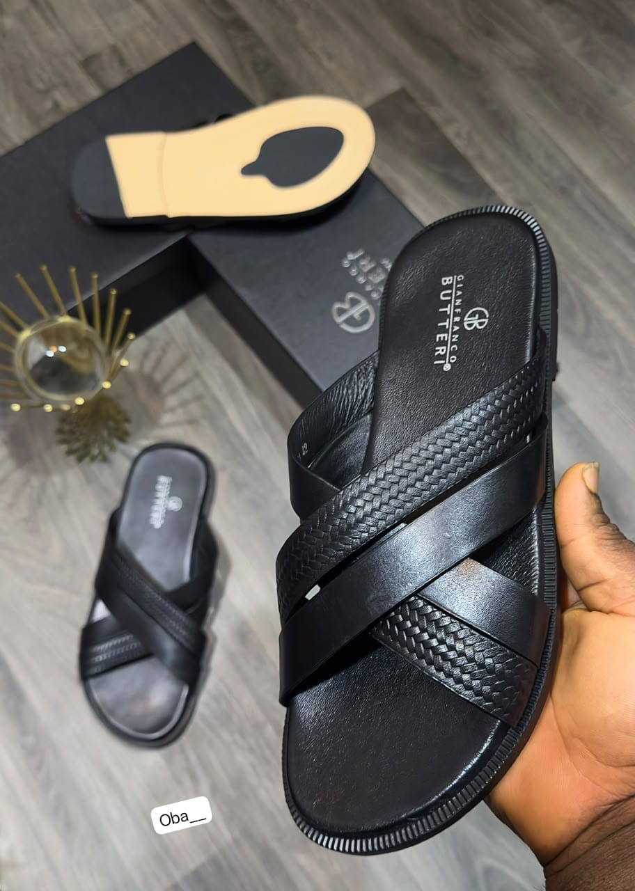 Gianfranco Butteri Men's Premium Woven Leather Cross-Strap Slides