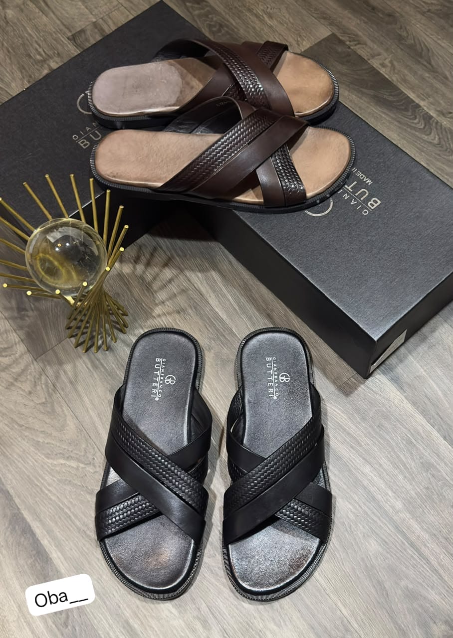 Gianfranco Butteri Men's Premium Woven Leather Cross-Strap Slides - Image 2