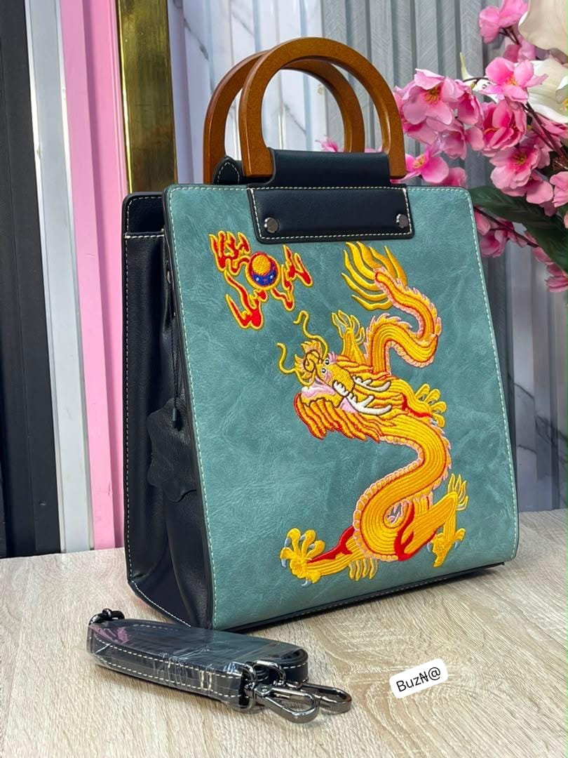 Imperial Dragon Embroidered Luxury Top-Handle Tote
