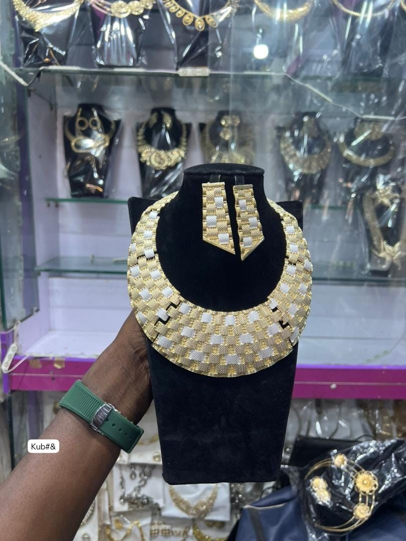 Premium 2-Piece Two-Tone Checkered Basketweave Statement Jewelry Set