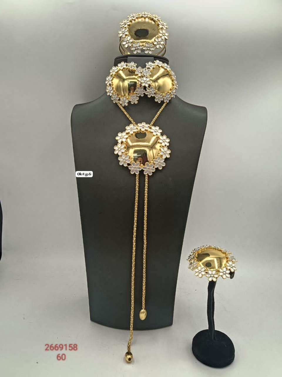 Luxury Gold-Tone Dome Pendant Tassel Necklace, Button Earrings, Statement Ring (Copy)