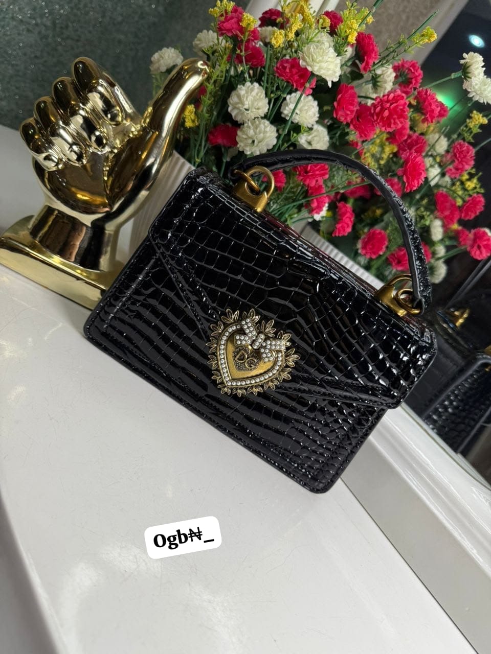 Luxury High-Gloss Mini Satchel with Baroque Pearl Heart Emblem