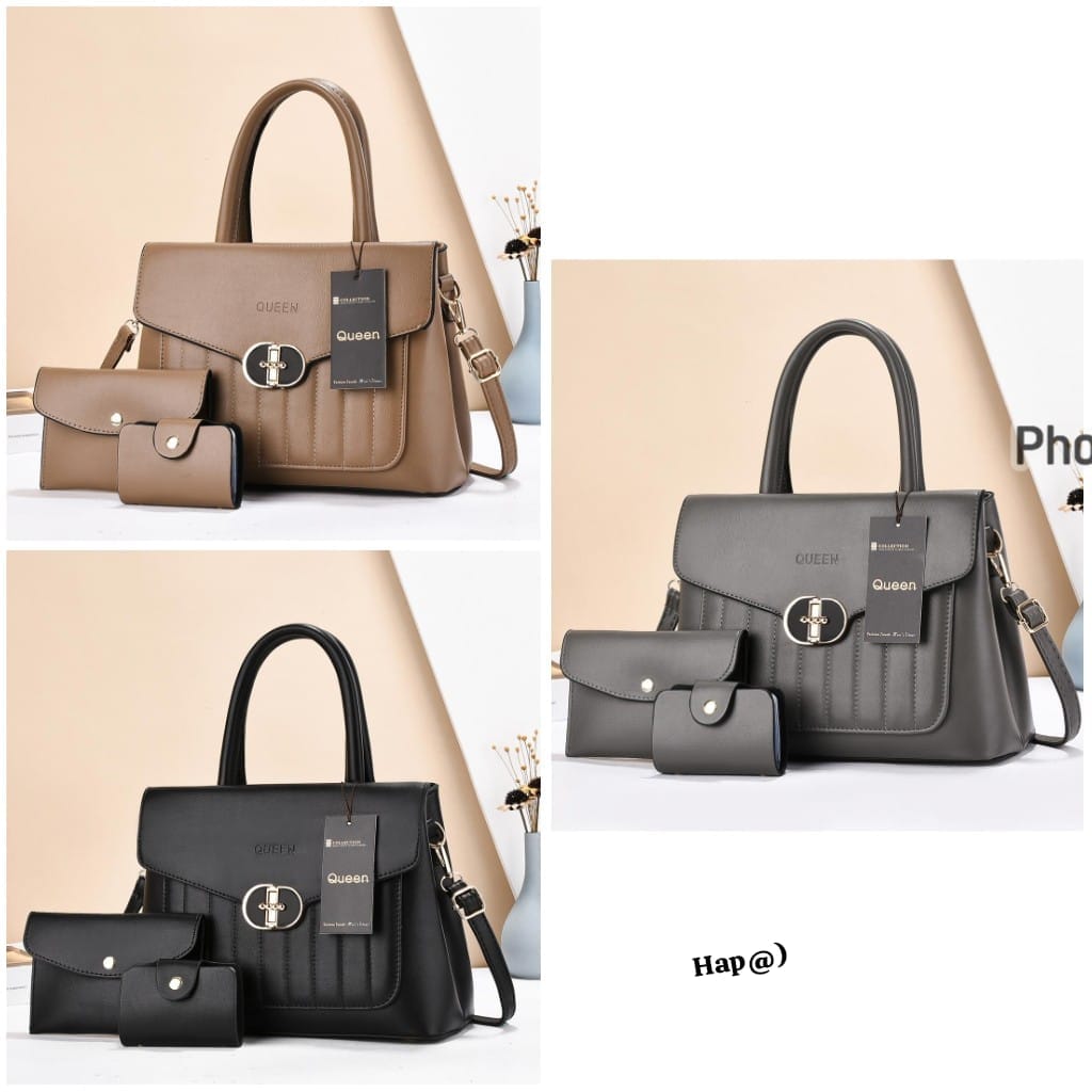 QUEEN Premium Tailored Leather Satchel Handbag 3-Piece Set - Image 2