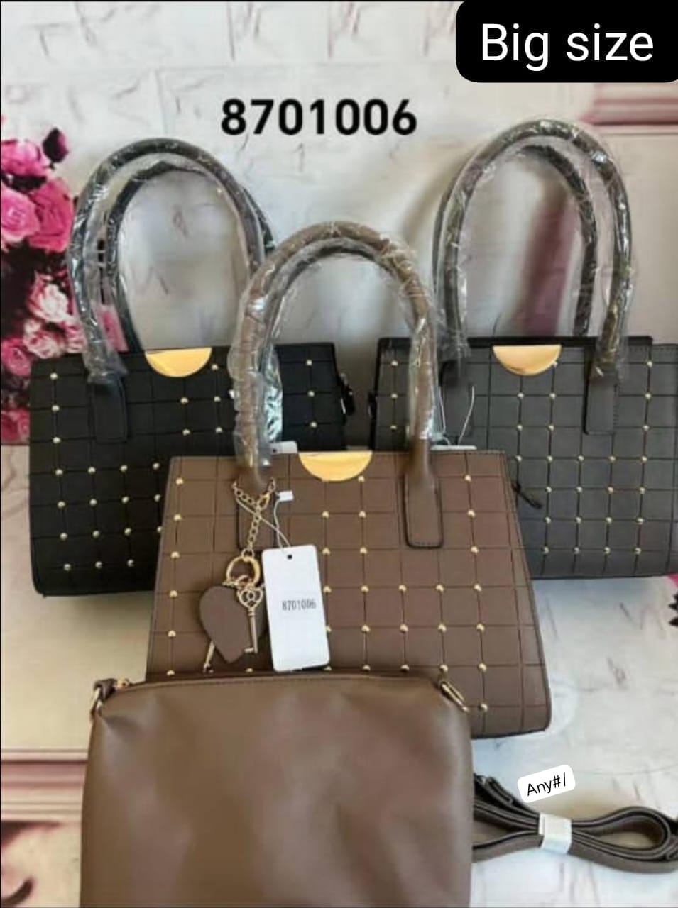 Premium Check-Grid Studded Top-Handle Handbag 2-Piece Set - Image 2
