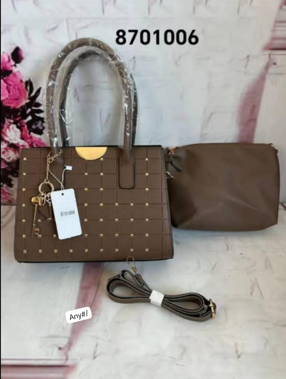 Premium Check-Grid Studded Top-Handle Handbag 2-Piece Set