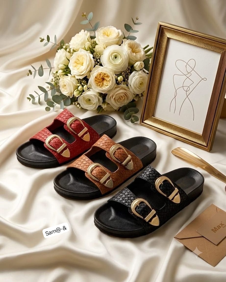 Premium Double-Strap Woven Slide Sandals with Ornate Gold Buckles