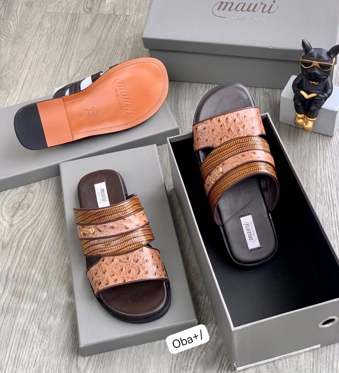 Mauri Men's Premium Tan Ostrich-Print and Cognac Leather Italian Slides