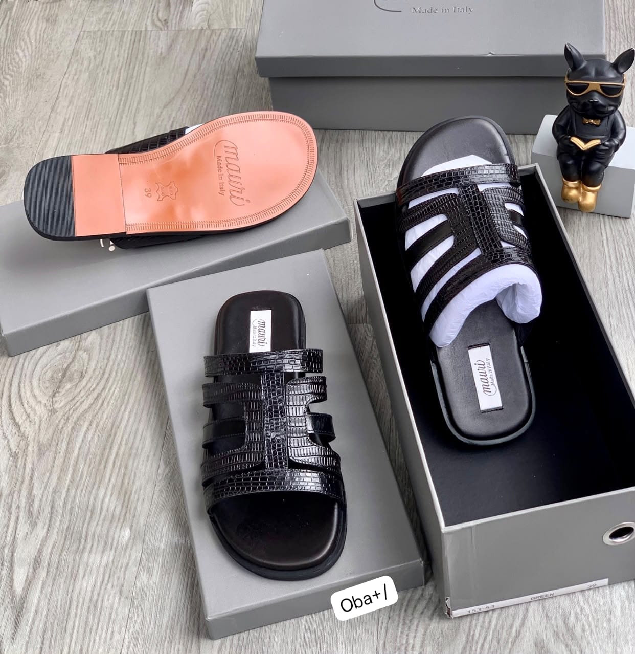 Mauri Men's Premium Black Croc-Embossed Leather Italian Slides
