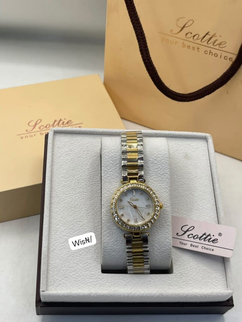 Scottie Women's Luxury Round Case with Crystal Halo Bezel Two-Tone Dress Watch