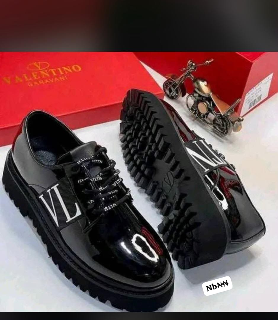 Valentino Garavani VLTN Men's Black Patent Leather Platform Derby Shoes