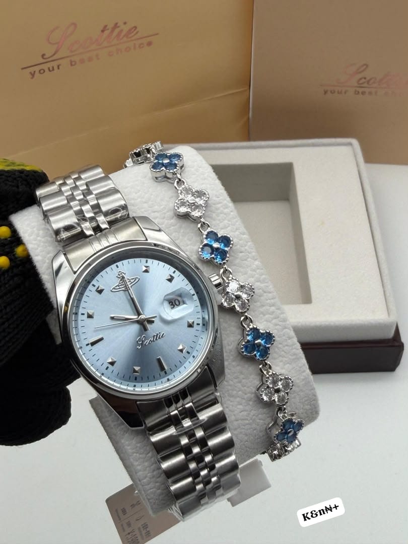 Scottie Luxury Women's Watch and Matching Clover Bracelet Gift Set