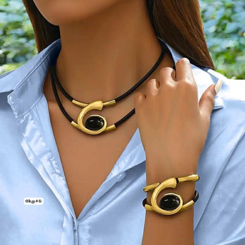 Modern Abstract Gold & Black Cord Jewelry Set