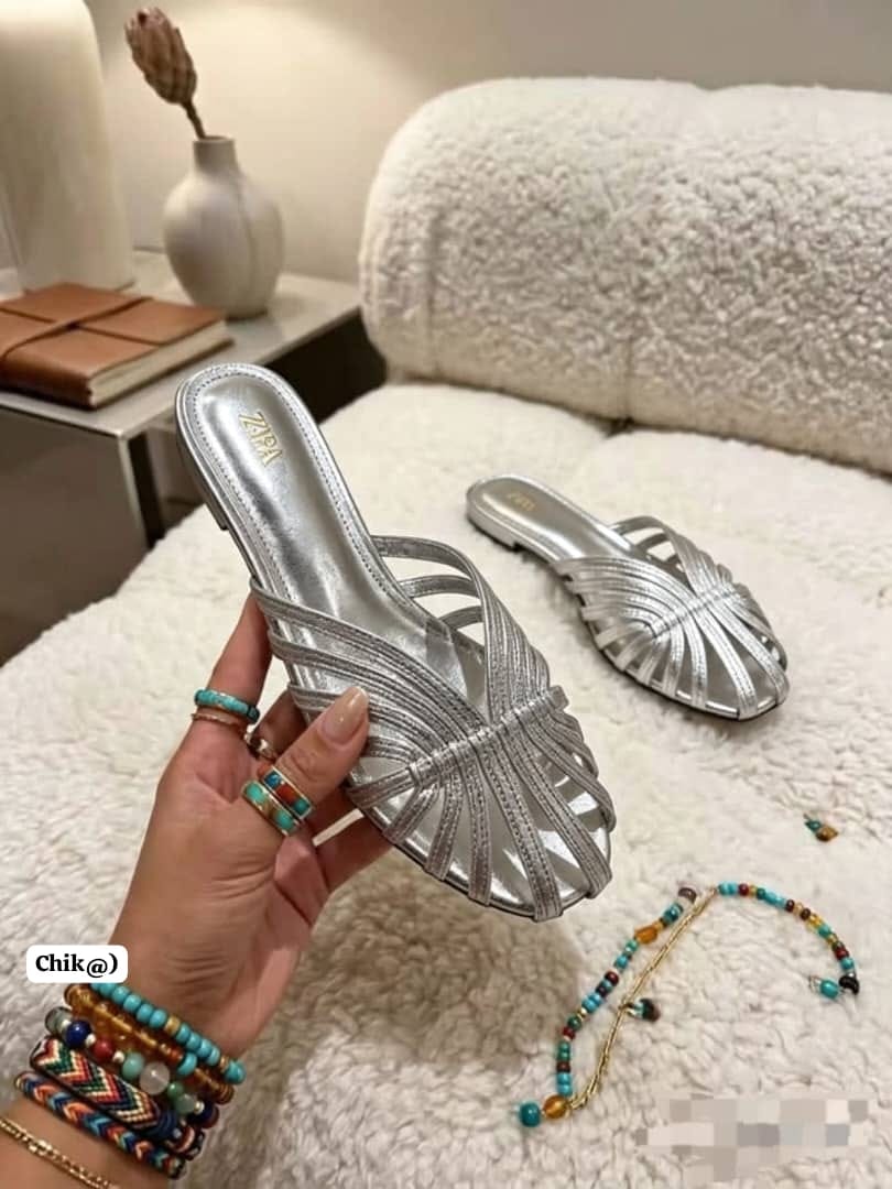 Zara Metallic Interwoven Flat Mule Sandals