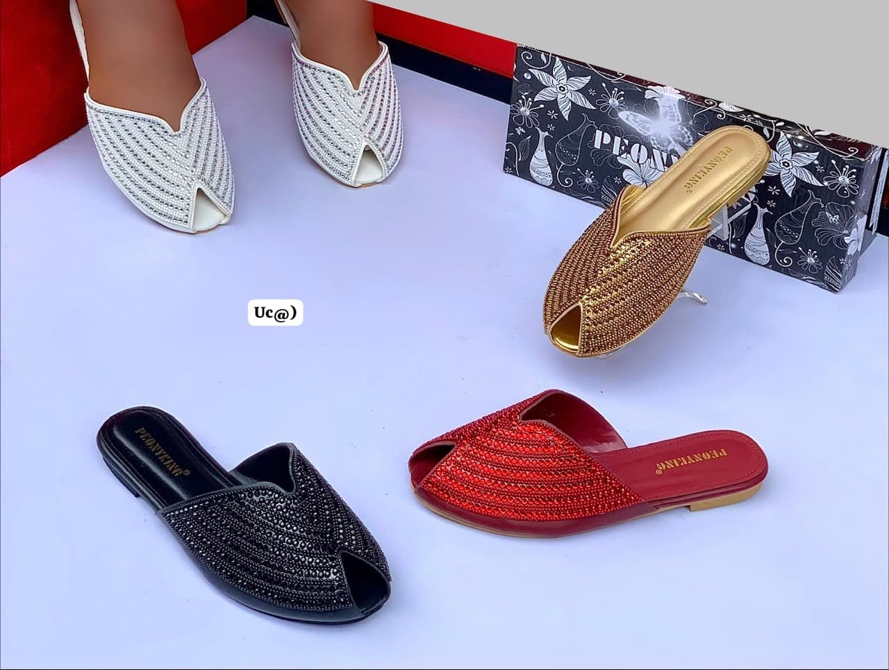 Embellished Rhinestone Peep-Toe Flat Mules