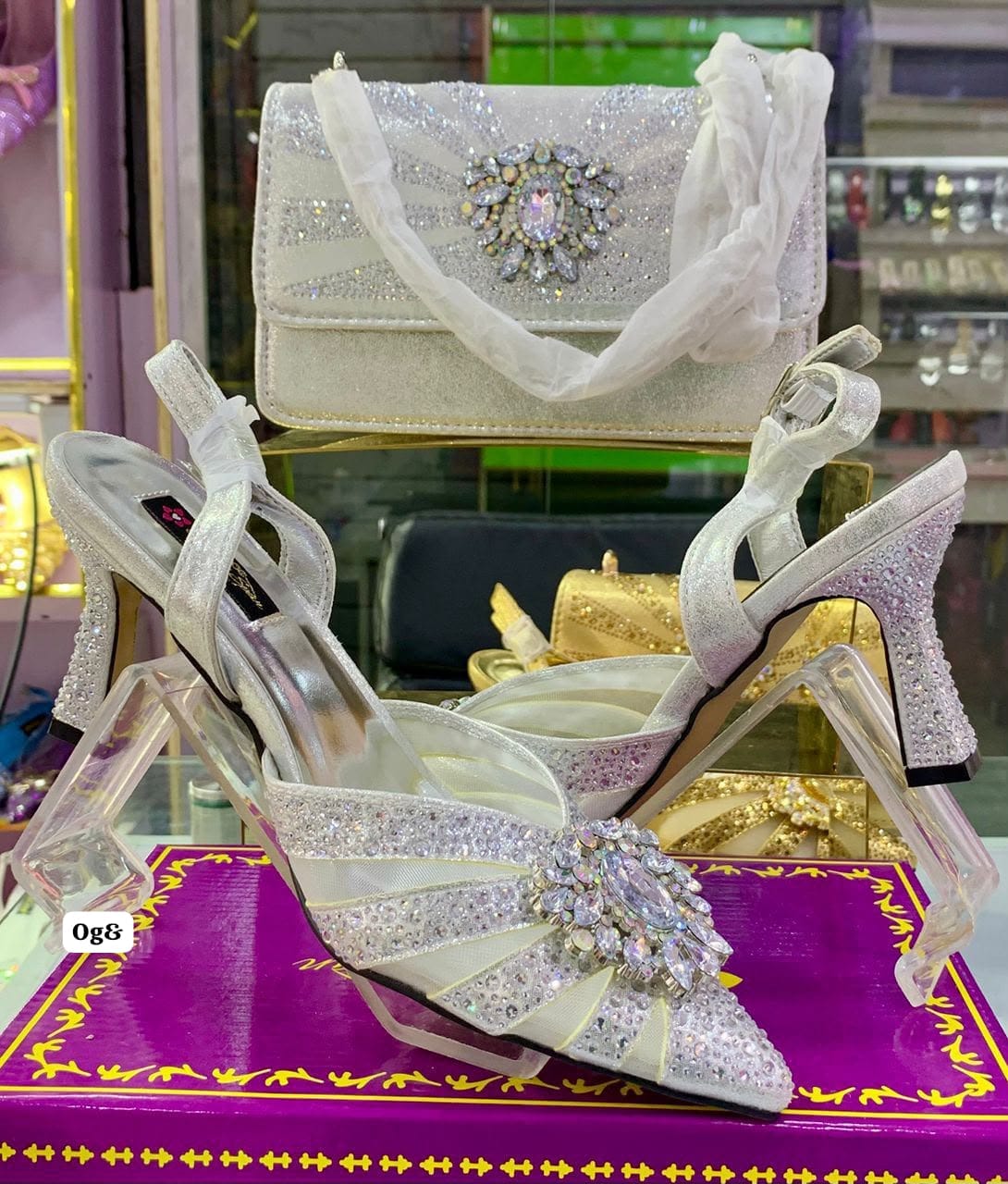 Rhinestone Pointed-Toe Slingback Heels with Matching Clutch Bag Set
