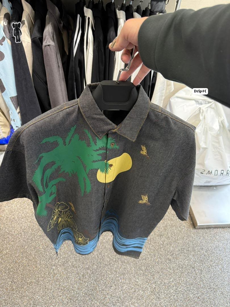 Men's Dark Grey Denim Tropical Palm Short Sleeve Shirt