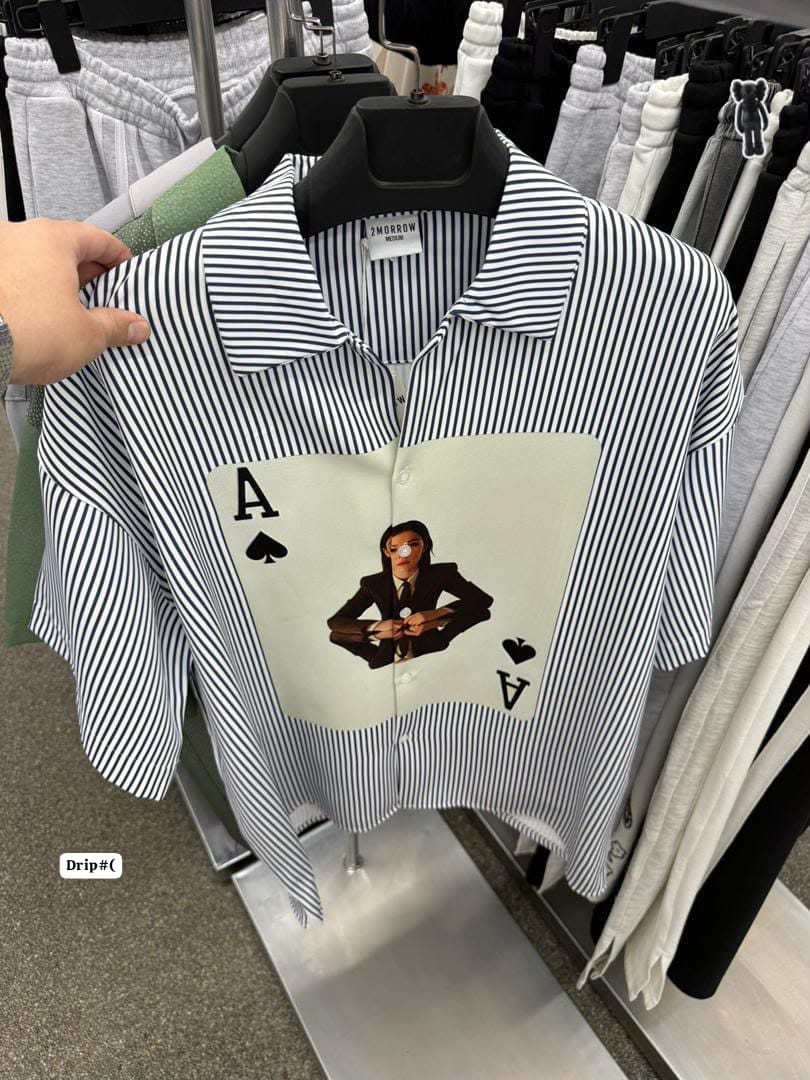 Men's Black & White Striped Ace of Spades Graphic Short Sleeve Shirt