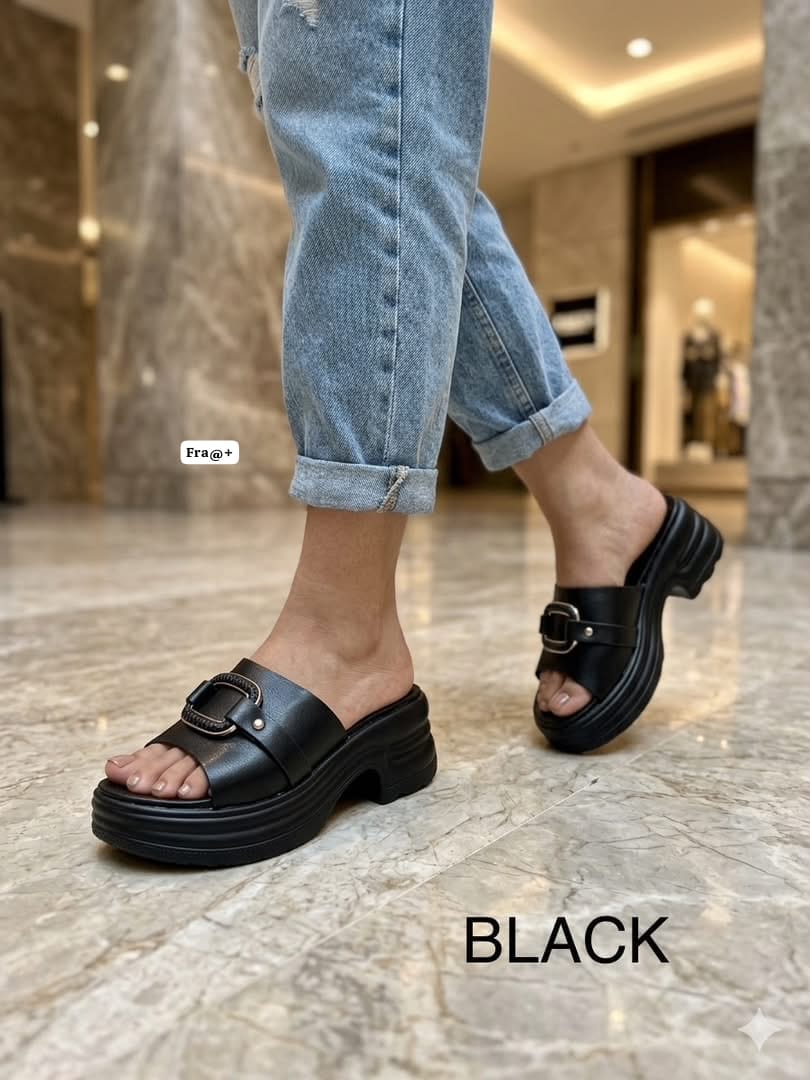 Chunky Buckled Open-Toe Platform Slide Mules