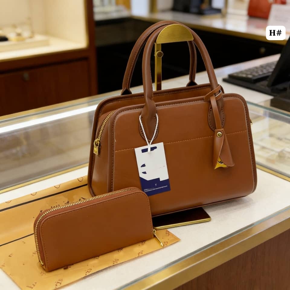 Luxury Leather Satchel Handbag Set with Matching Zip Wallet