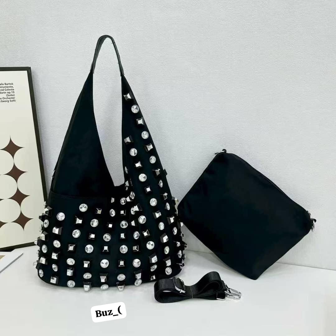 Glitz & Glam Studded Slouchy Hobo Bag with Mixed Rhinestone Embellishments