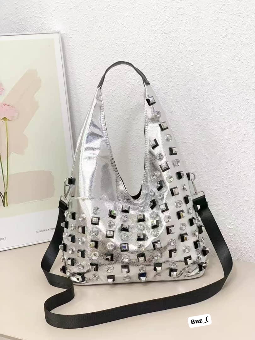 Glitz & Glam Studded Slouchy Hobo Bag with Mixed Rhinestone Embellishments - Image 2
