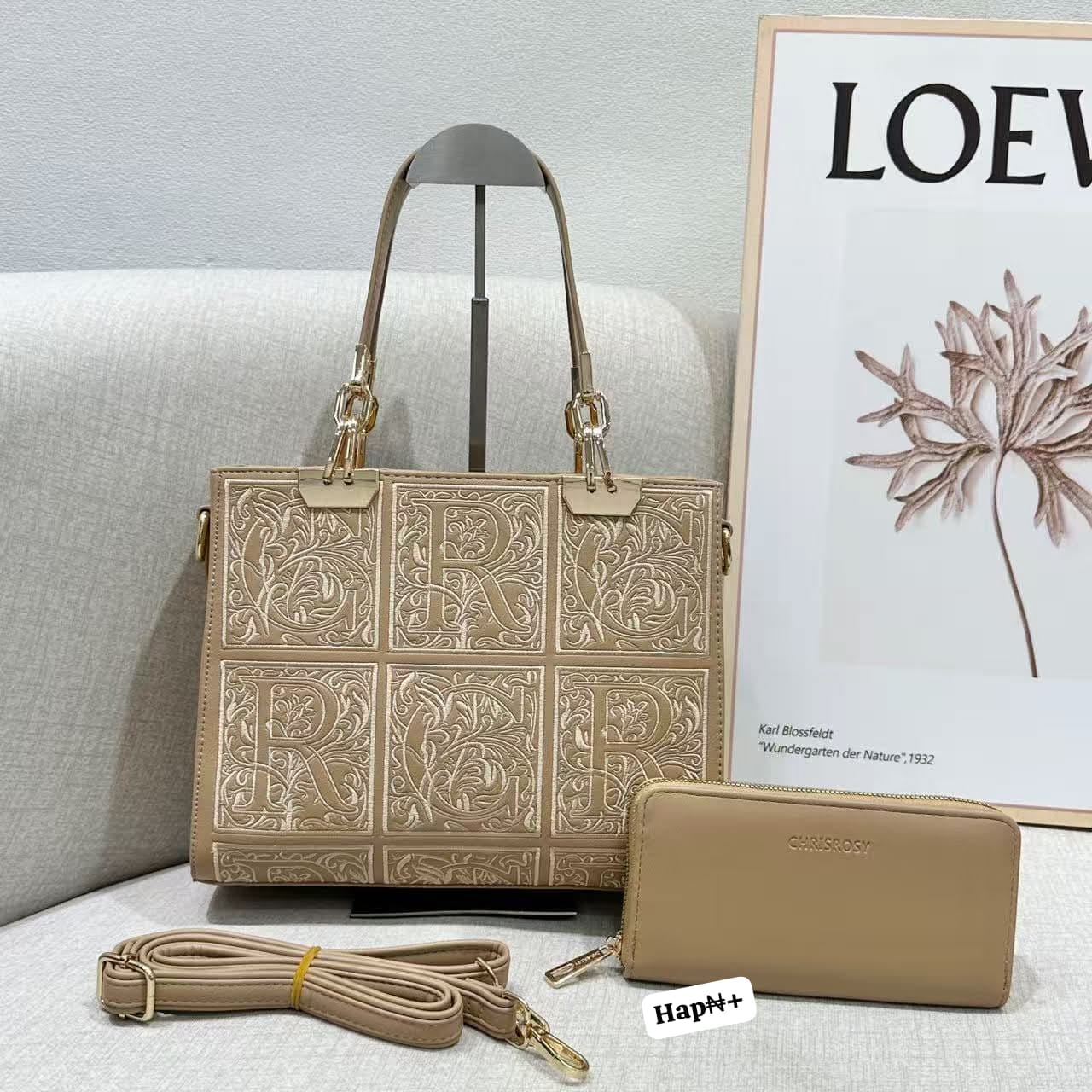 Luxury Embossed Tote Bag Set with Matching Continental Zip Wallet & Removable Crossbody Strap