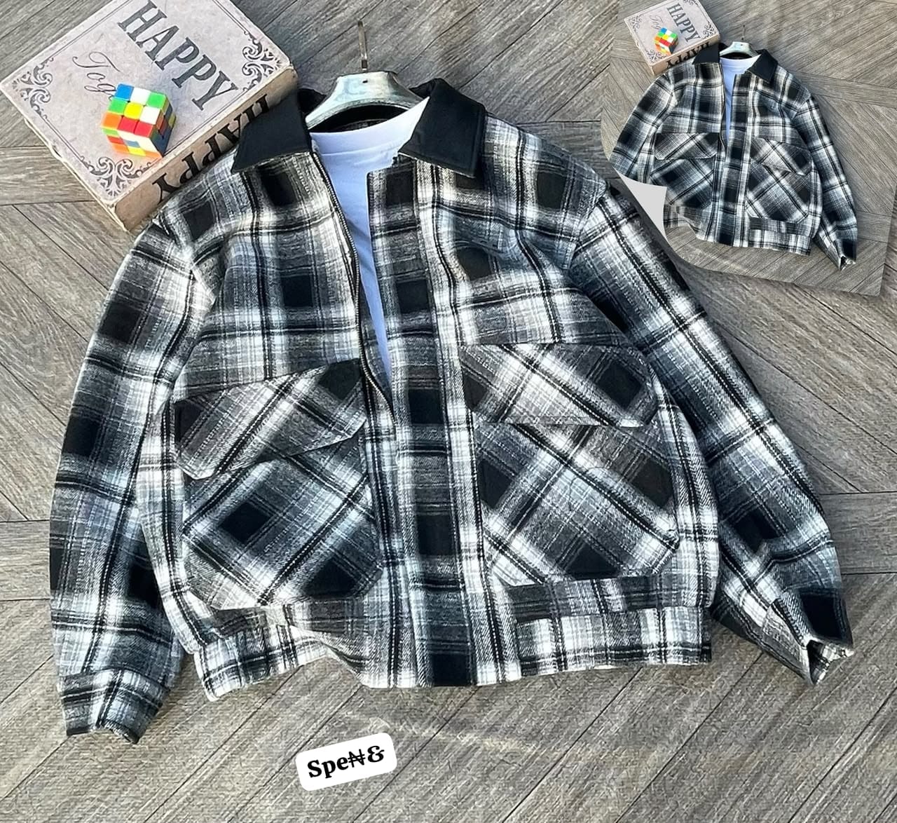 Men's Contrast Leather Collar Plaid Tweed Shacket - Black & White