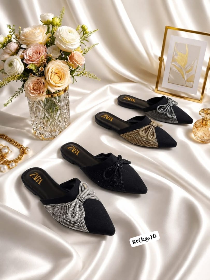 Zara Women’s Elegant Rhinestone Bow Pointed-Toe Flat Mules - Image 3