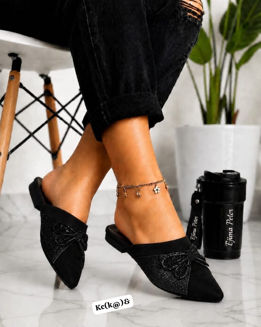 Zara Women’s Elegant Rhinestone Bow Pointed-Toe Flat Mules - Image 2