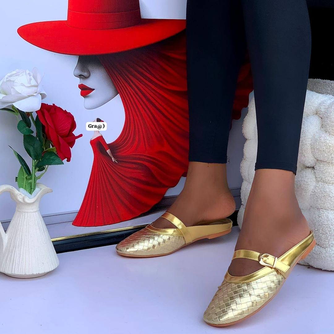 Mary Jane Slip-On Flat Slides with Gold Buckle - Image 2