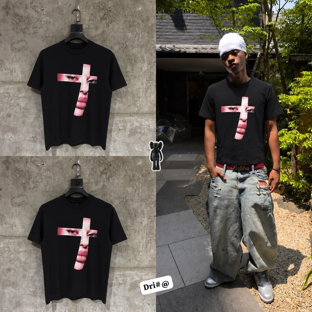 Men's Surreal Pink Face Cross Graphic Tee - Image 2