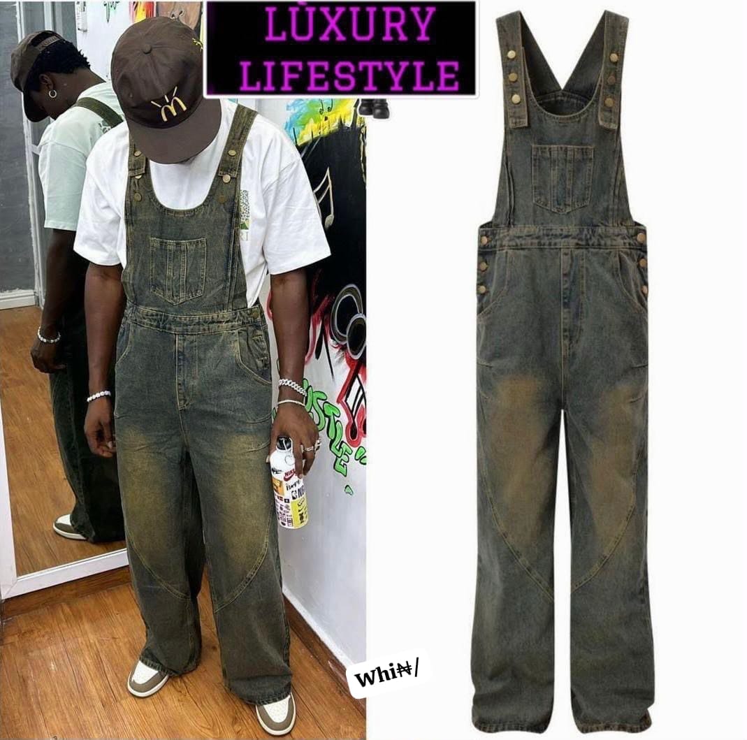 Distressed Acid-Washed Yellow Denim Dungarees Overalls for Men
