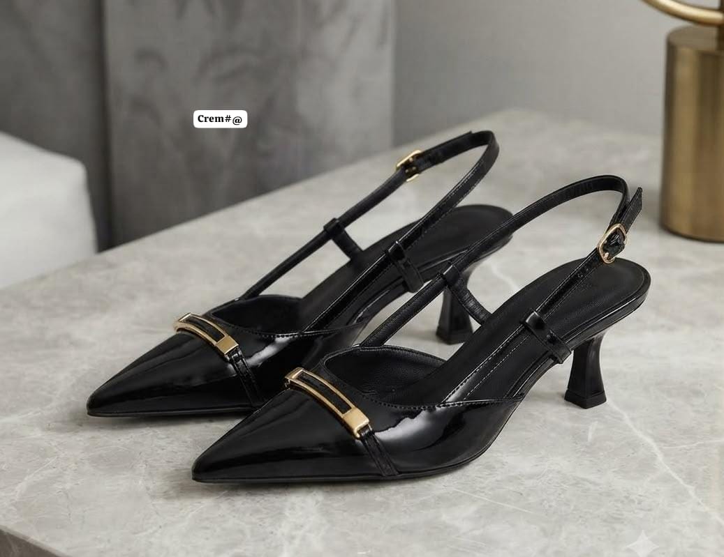 Patent Leather Low Kitten Heel Pumps with Gold Buckle Hardware