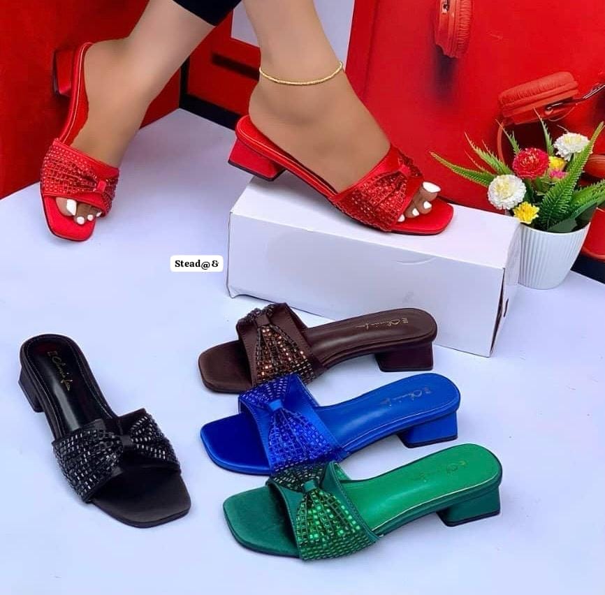 Women's Rhinestone Embellished Low Block Heel Slide Sandals