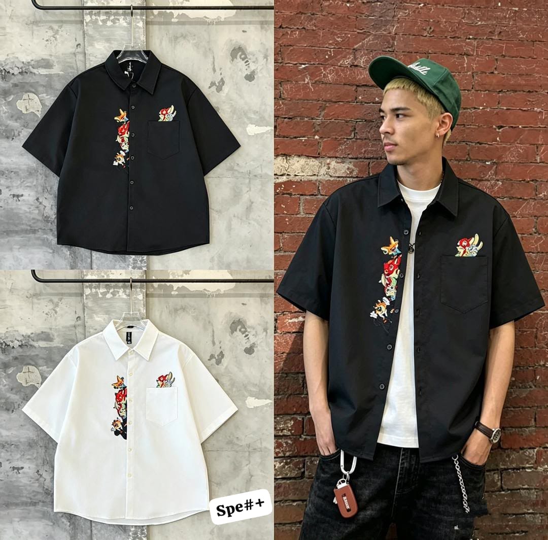 Men’s Embroidered Cartoon Graphic Short-Sleeve Button-Up Shirt