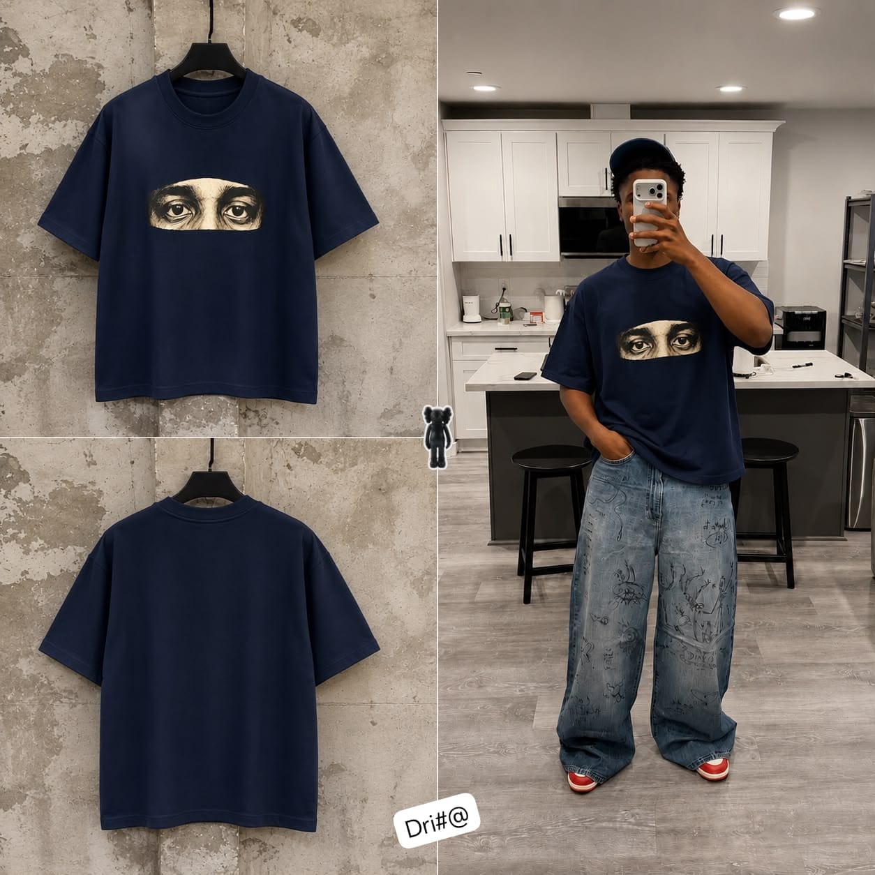 Men's Oversized Navy Blue Graphic Eye Print T-Shirt
