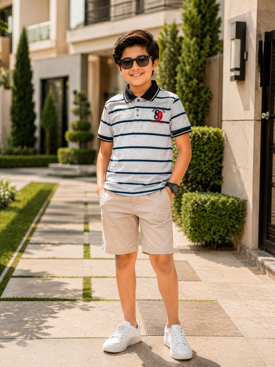 Boys' Striped Short-Sleeve Polo Shirt – Grey Melange & Navy